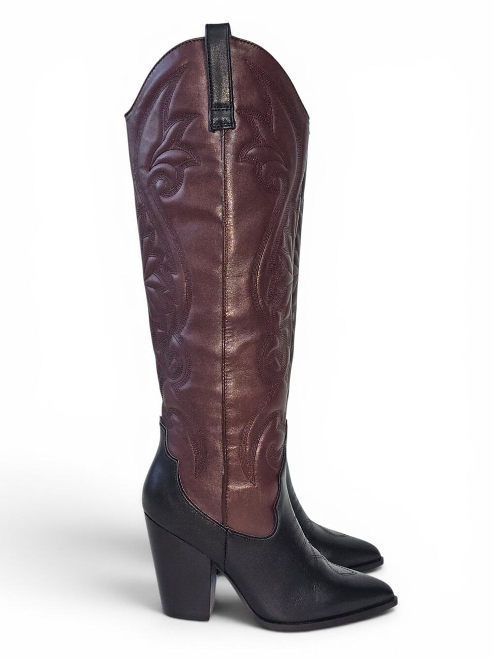 Steve Madden Lasso Two Tone Tall Western Boots Black Burgundy Brown Leather Size